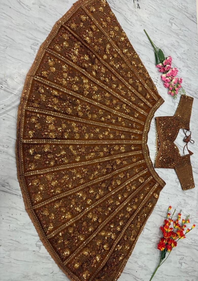 Brown Sequin Work Net Lehenga Set - Indya