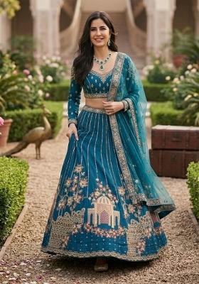 Blue Embroidered Net Lehenga Set