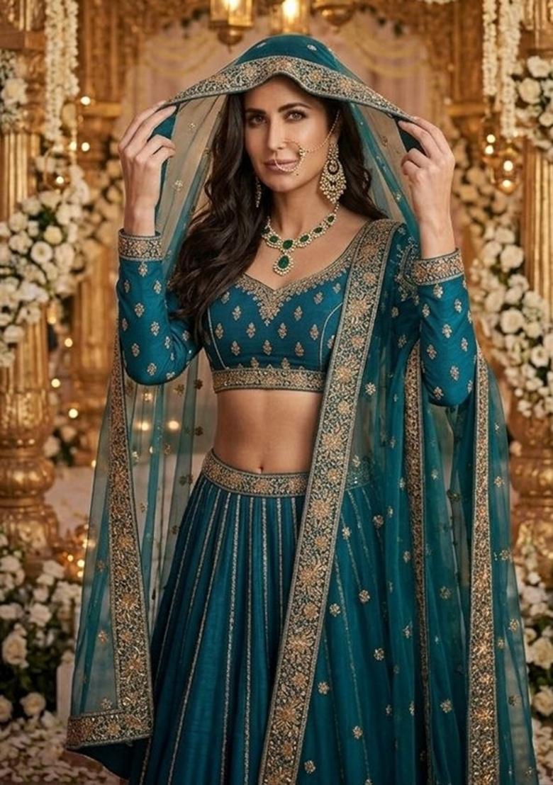 Blue Embroidered Net Lehenga Set - Indya