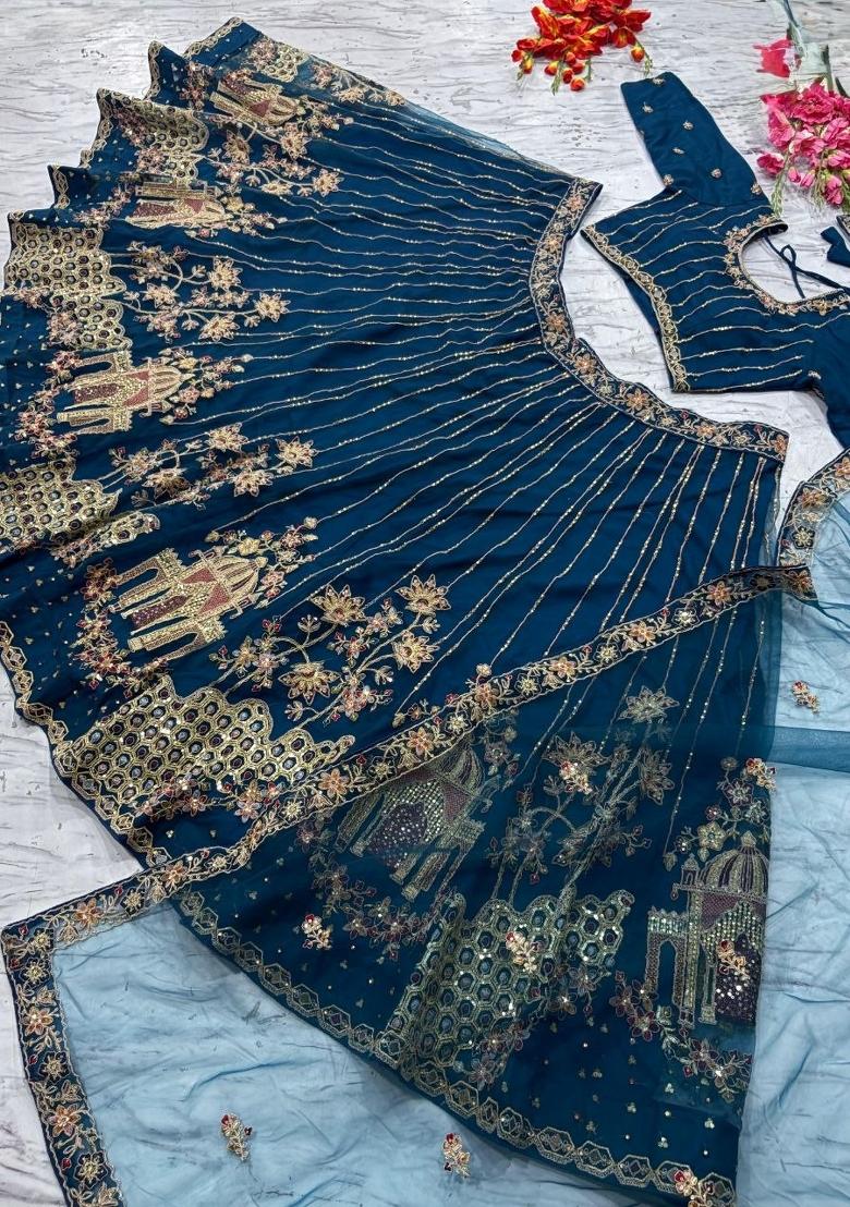 Blue Embroidered Net Lehenga Set - Indya