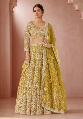 Yellow Sequin Work Net Lehenga Set