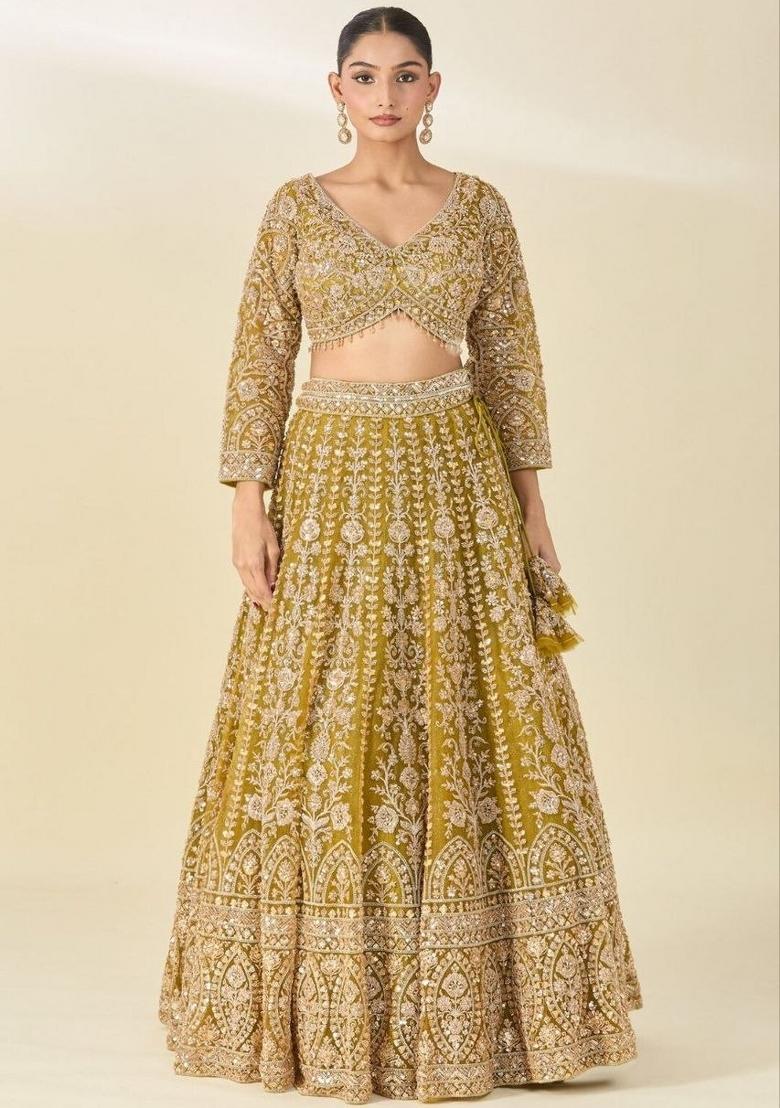Yellow Sequin Work Net Lehenga Set - Indya