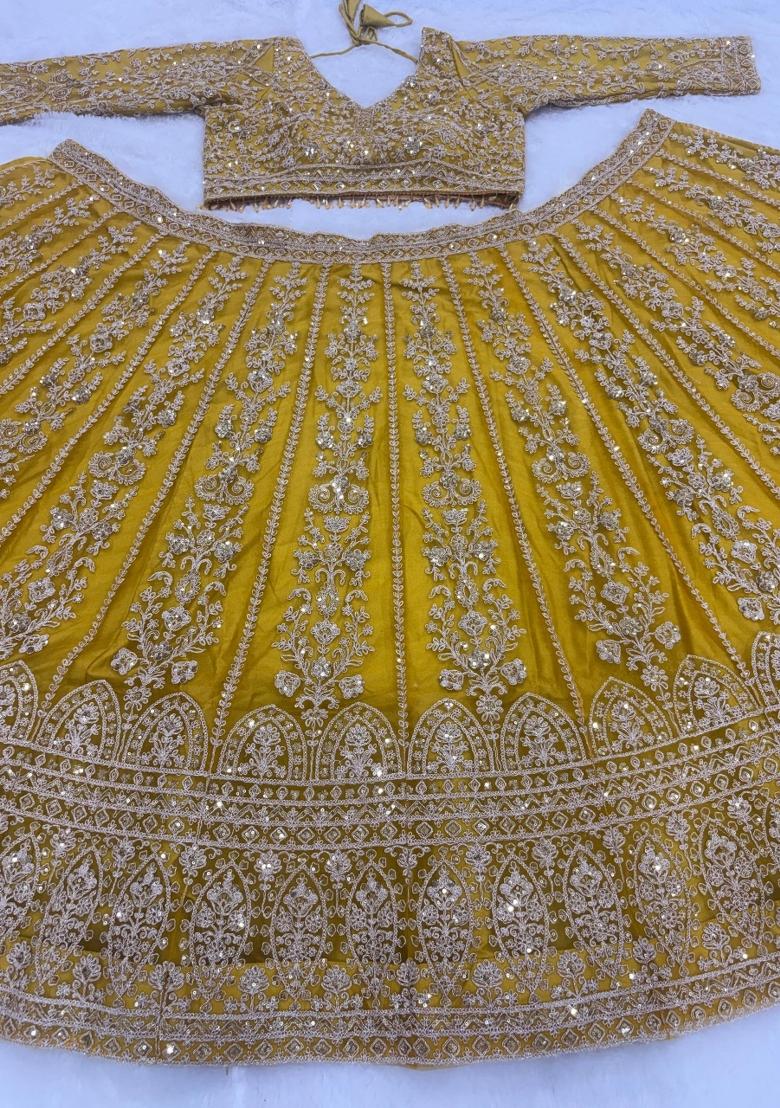 Yellow Sequin Work Net Lehenga Set - Indya