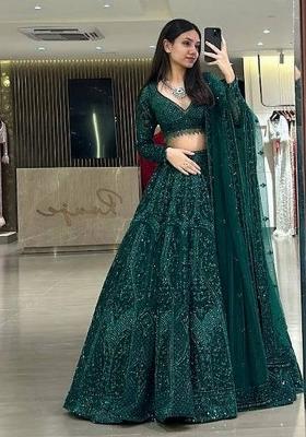 Green Sequin Work Net Lehenga Set