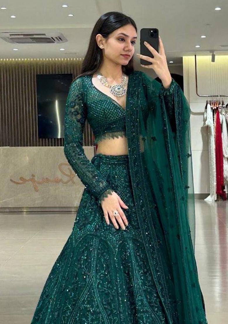 Green Sequin Work Net Lehenga Set - Indya