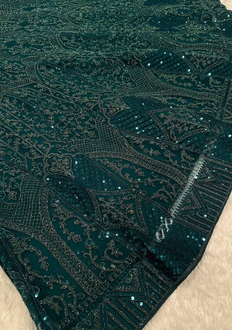 Green Sequin Work Net Lehenga Set - Indya