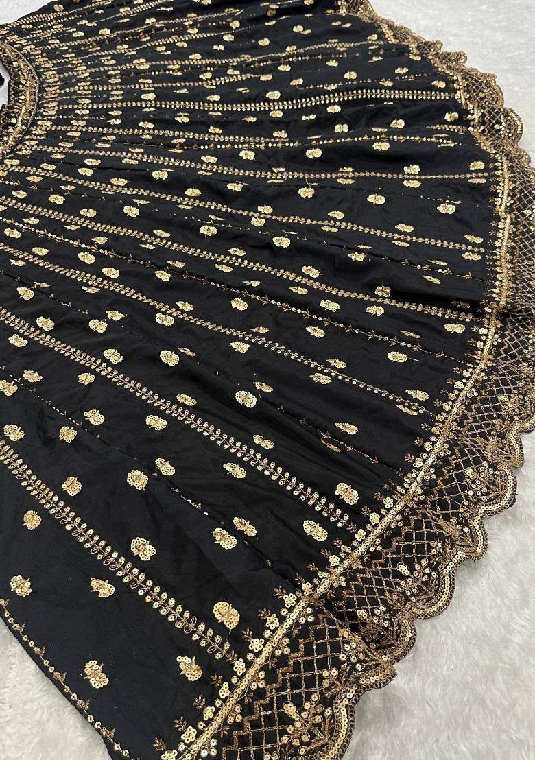 Black Sequin Work Silk Lehenga Set - Indya