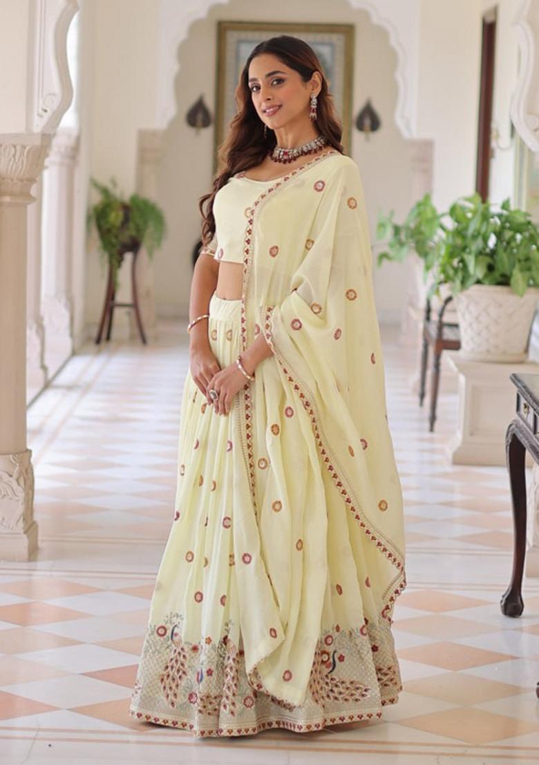 Light Yellow Sequin Work Silk Lehenga Set - Indya