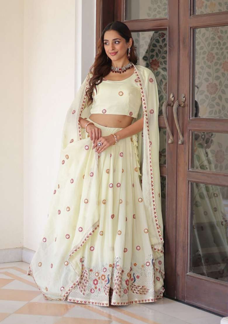 Light Yellow Work Silk Lehenga Set with Sequin for Diwali | Wedding & Festive Wear - Indya