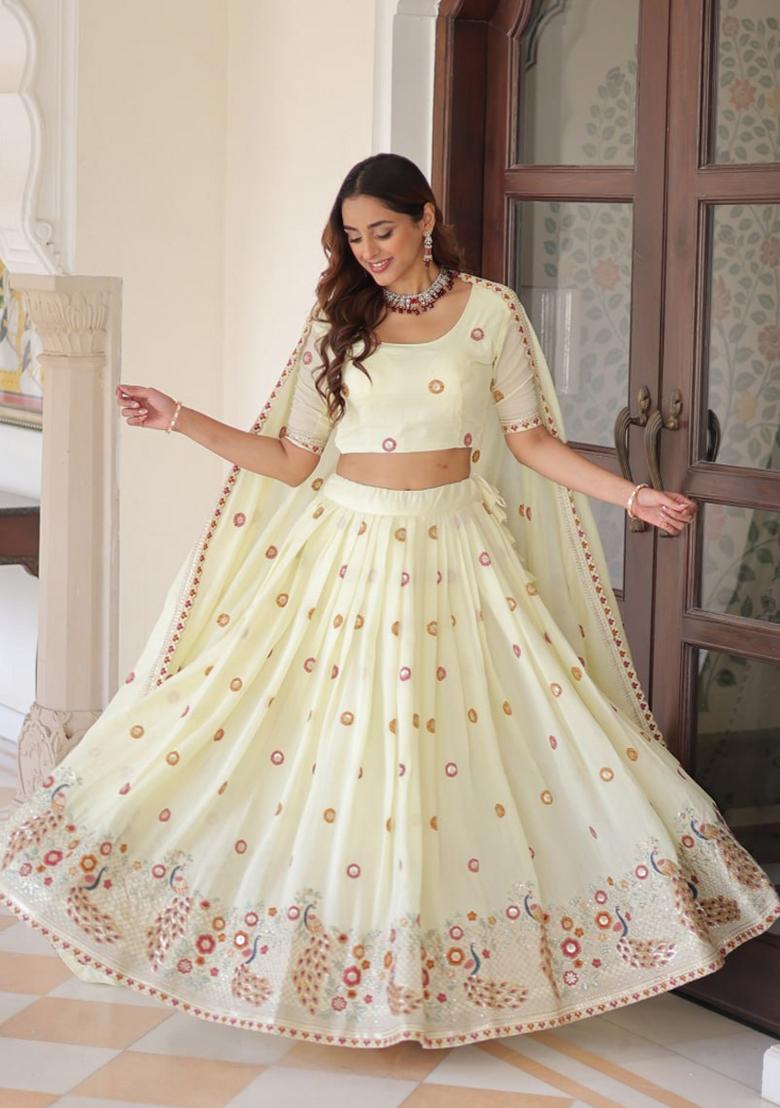 Light Yellow Sequin Work Silk Lehenga Set - Indya