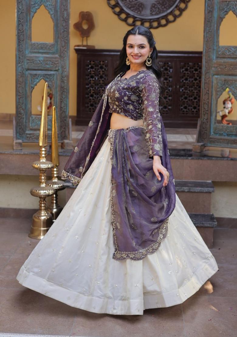 Purple Embroidered Silk Lehenga Set - Indya