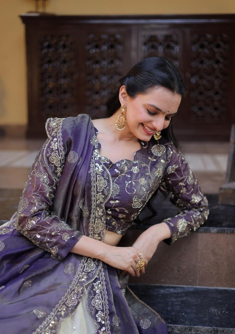Purple Embroidered Silk Lehenga Set - Indya