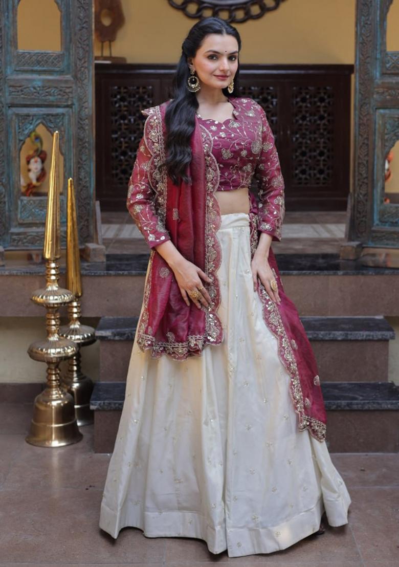 Magenta Sequin Work Silk Lehenga Set - Indya