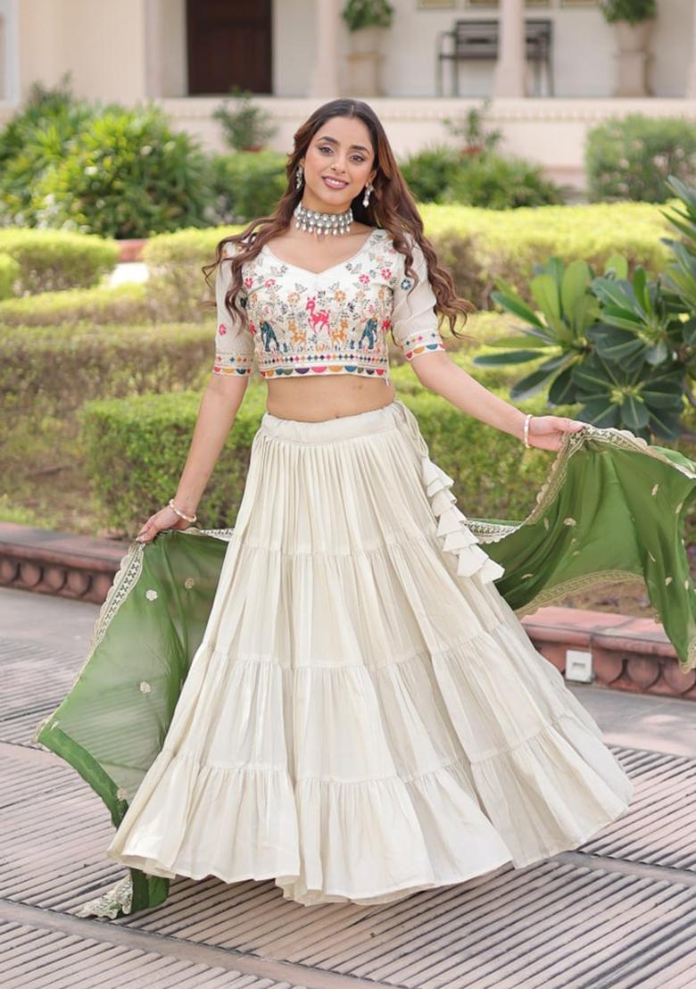 Green Embroidered Silk Lehenga Set - Indya
