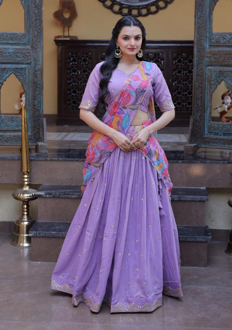 Purple Sequin Work Silk Lehenga Set - Indya