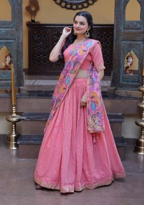 Pink Embroidered Silk Lehenga Set