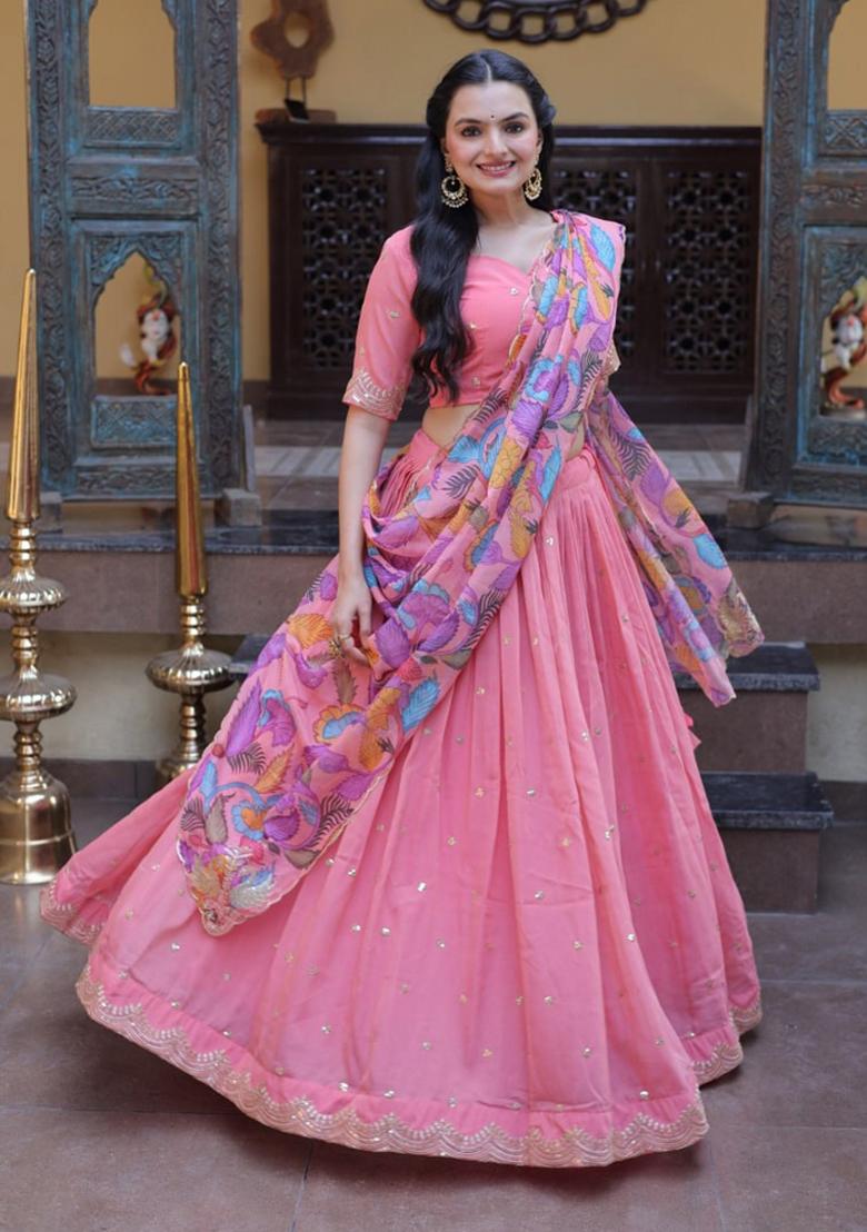 Pink Embroidered Silk Lehenga Set - Indya