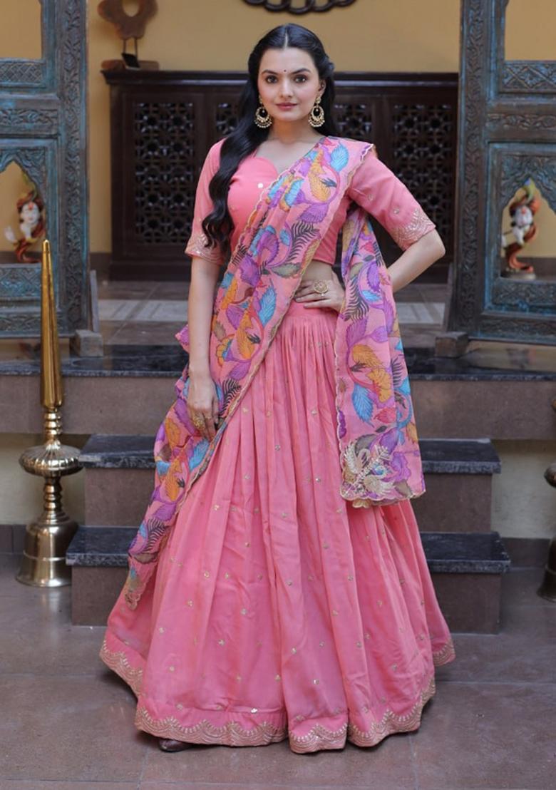 Pink Embroidered Silk Lehenga Set - Indya