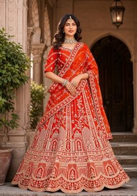 Orange Embroidered Silk Lehenga Set