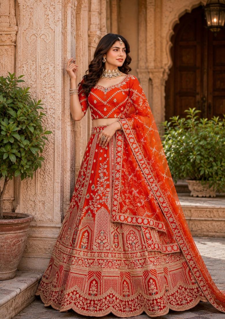 Orange Embroidered Silk Lehenga Set - Indya