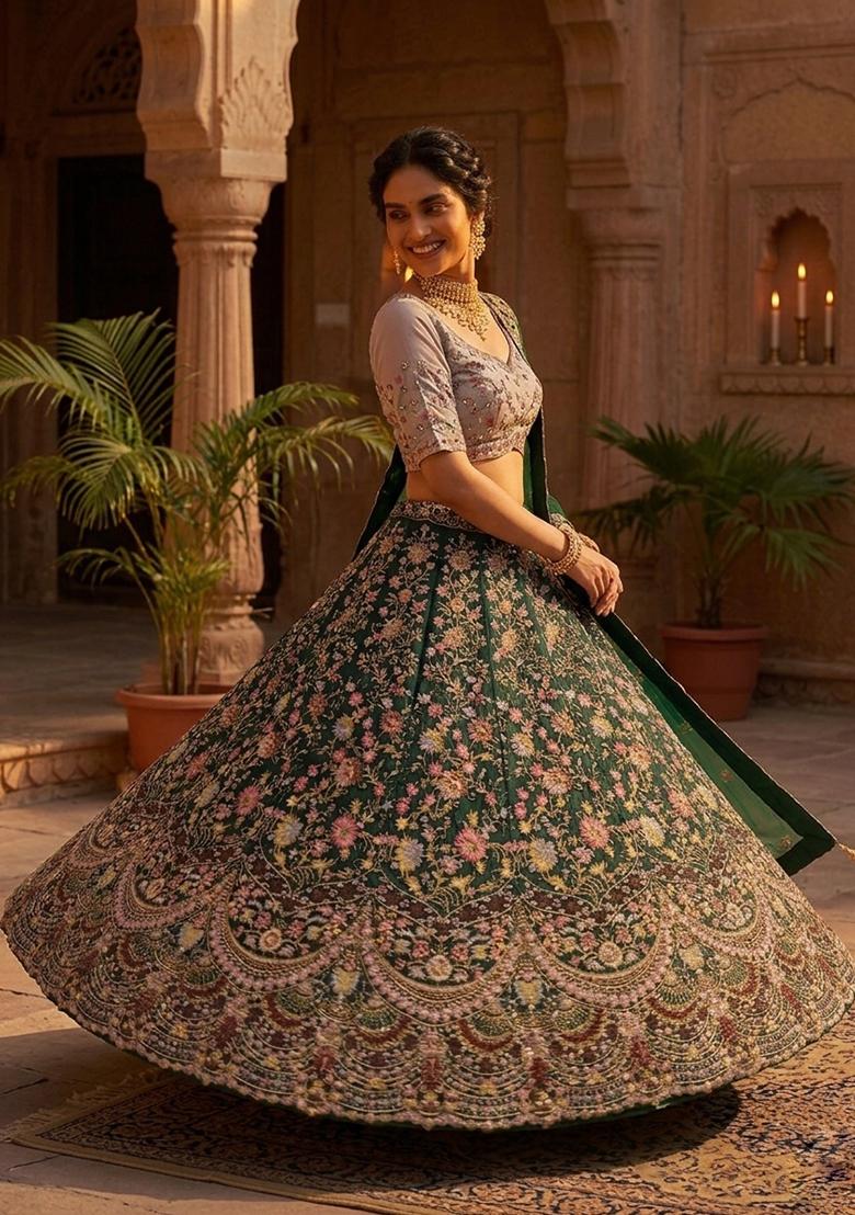Black Embroidered Georgette Lehenga Set - Indya