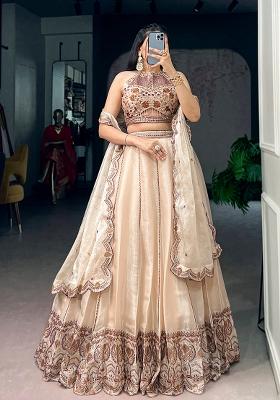 Cream Embroidered Crush Lehenga Set