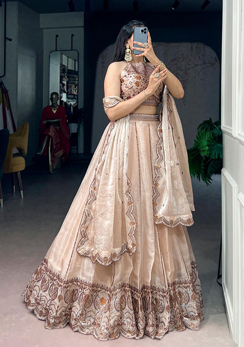 Cream Embroidered Crush Lehenga Set - Indya