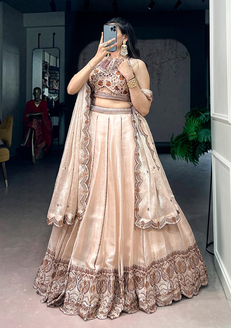 Cream Embroidered Crush Lehenga Set - Indya