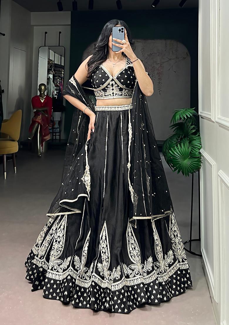Black Embroidered Silk Lehenga Set - Indya