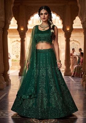 Green Embroidered Net Lehenga Set