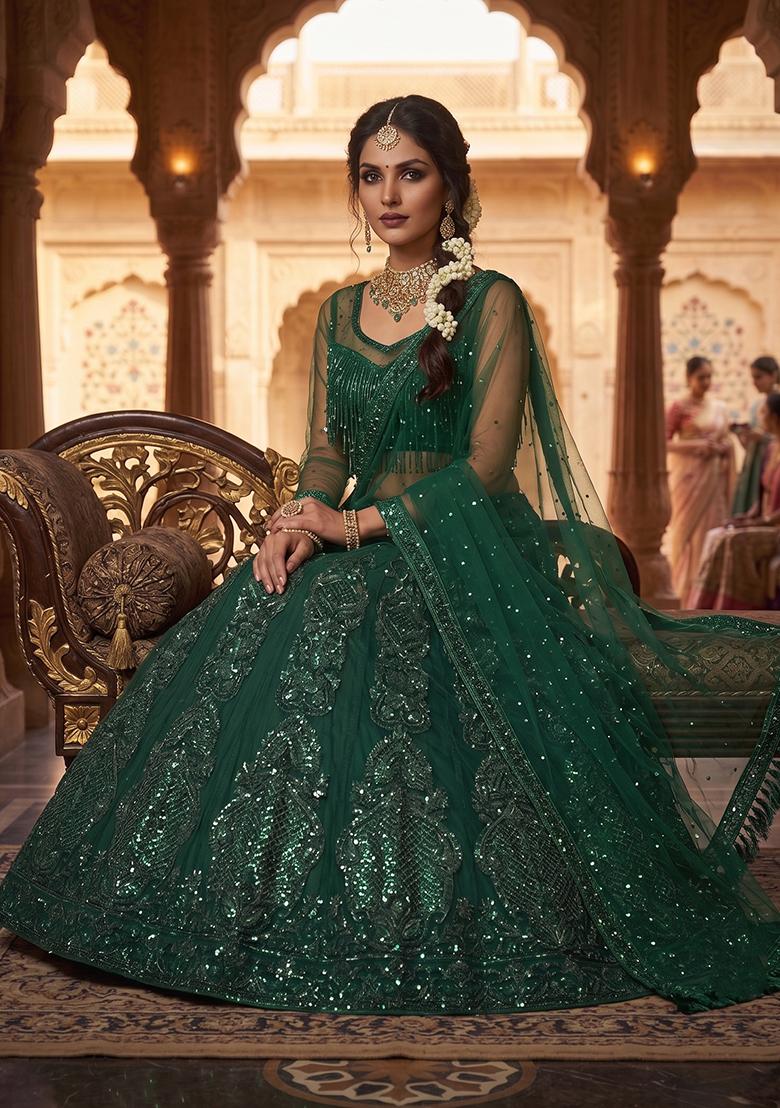 Green Embroidered Net Lehenga Set - Indya