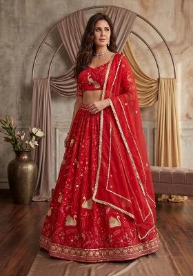 Red Embroidered Georgette Lehenga Set