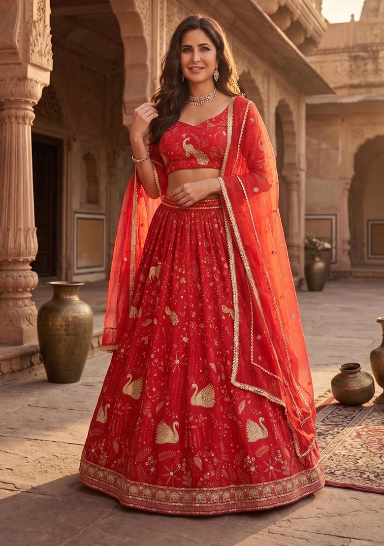 Red Embroidered Georgette Lehenga Set - Indya