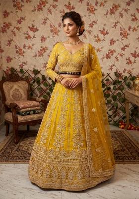 Yellow Embroidered Net Lehenga Set