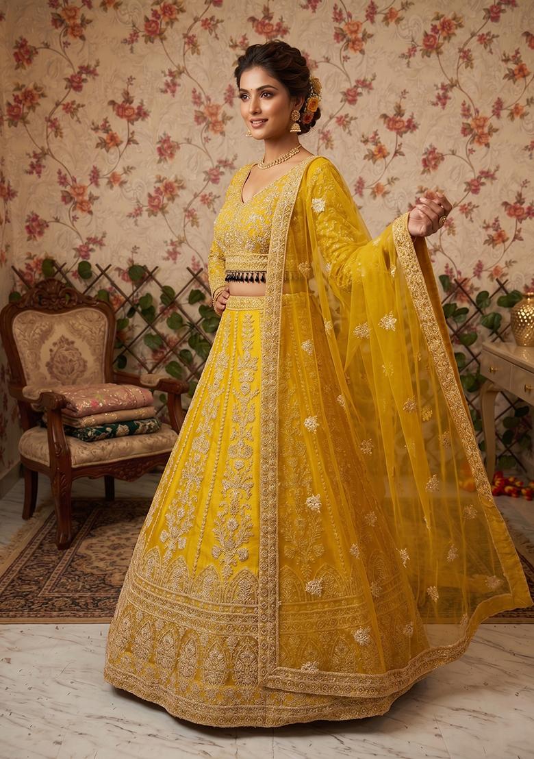 Yellow Embroidered Net Lehenga Set - Indya