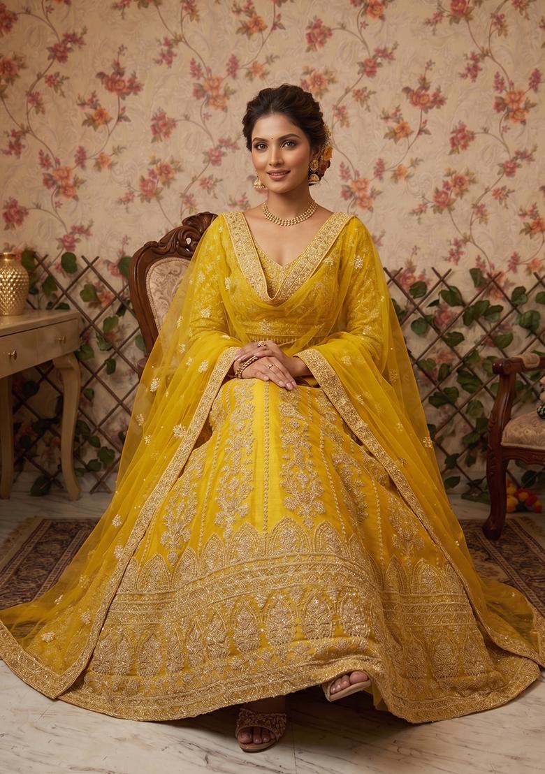 Yellow Embroidered Net Lehenga Set - Indya