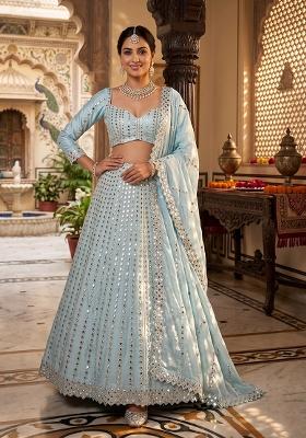 Sky Blue Embroidered Silk Lehenga Set