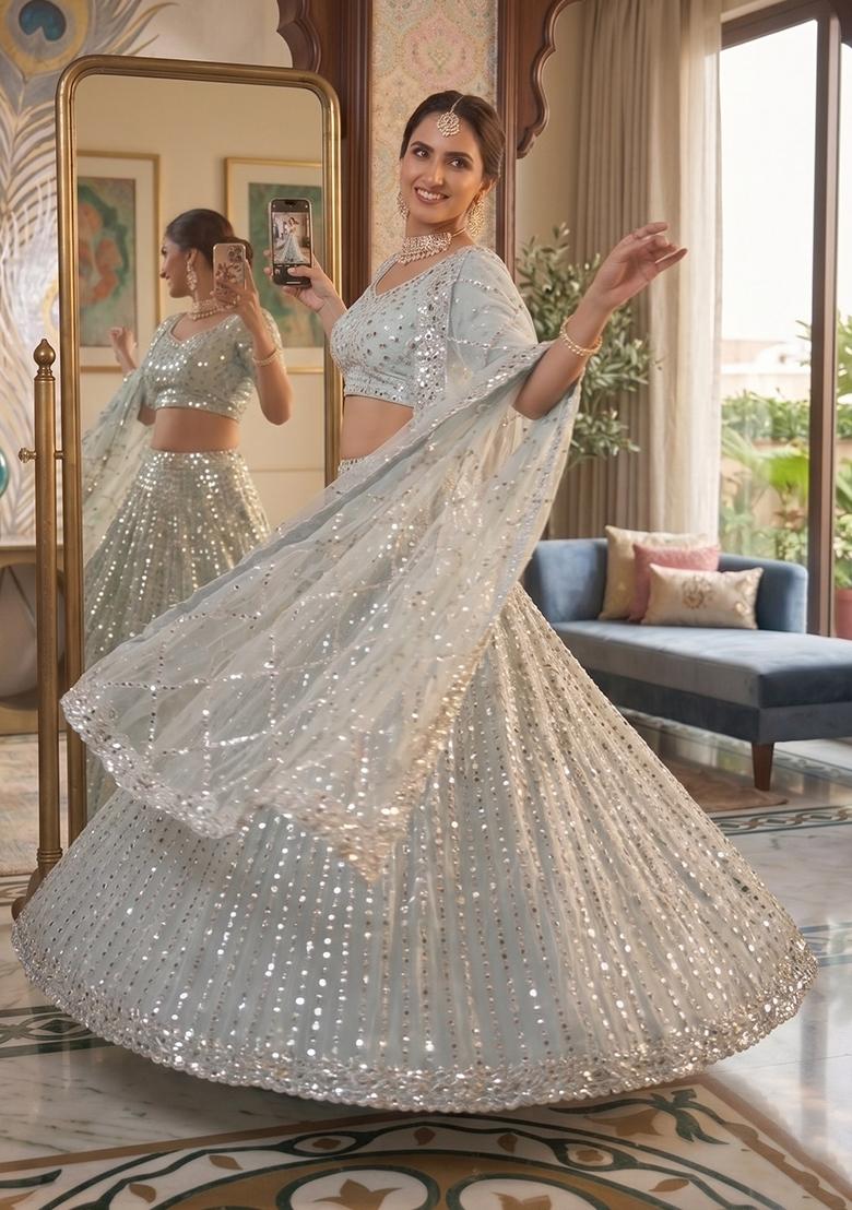 Sky Blue Embroidered Silk Lehenga Set - Indya