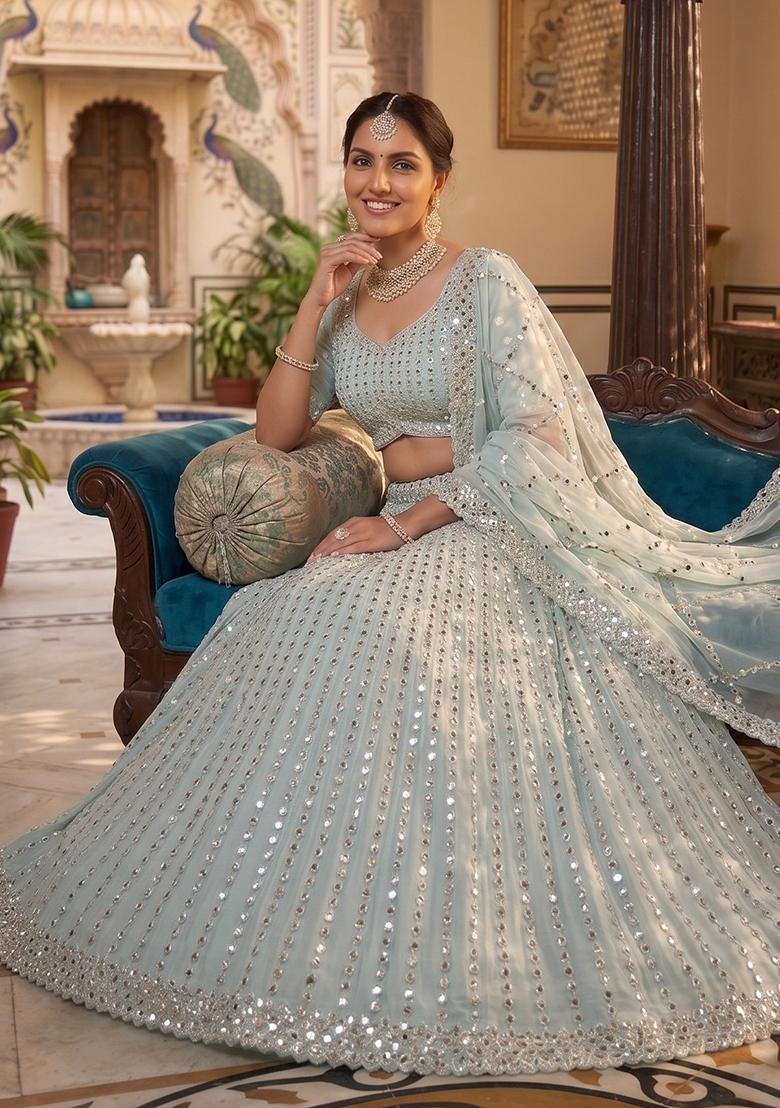 Sky Blue Embroidered Silk Lehenga Set - Indya