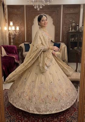 Cream Embroidered Silk Lehenga Set