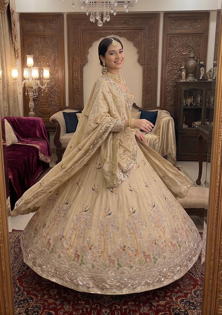 Cream Embroidered Silk Lehenga Set - Indya