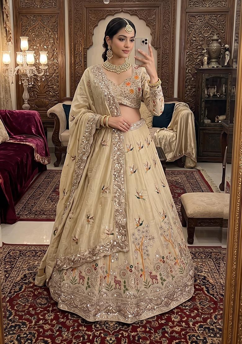 Cream Embroidered Silk Lehenga Set - Indya