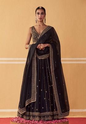 Black Embroidered Silk Lehenga Set