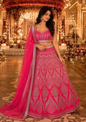Red Embroidered Satin Lehenga Set