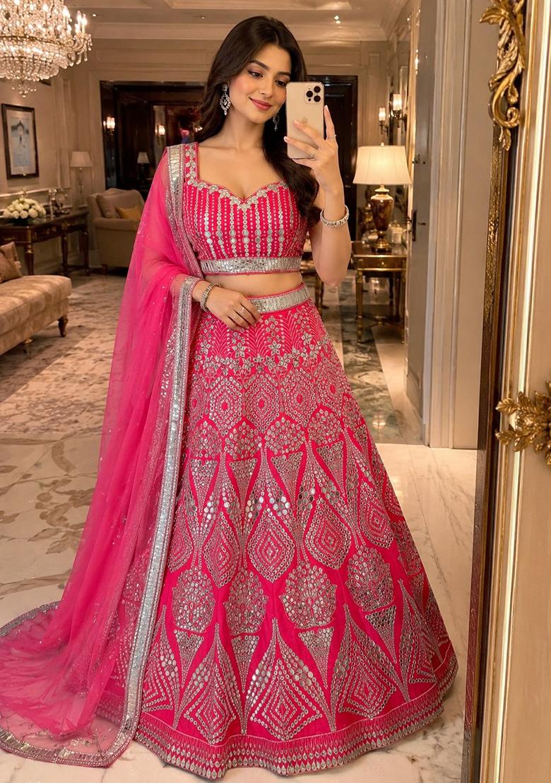 Red Embroidered Satin Lehenga Set - Indya