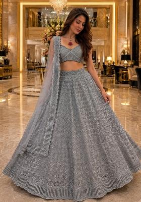 Grey Embroidered Net Lehenga Set