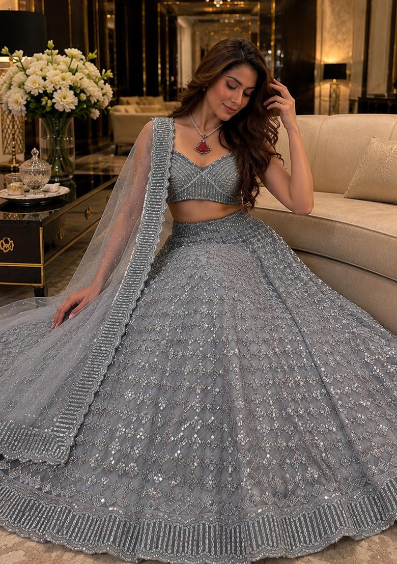 Grey Embroidered Net Lehenga Set - Indya