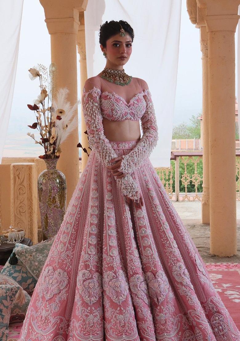 Pink Embroidered Silk Lehenga Set - Indya