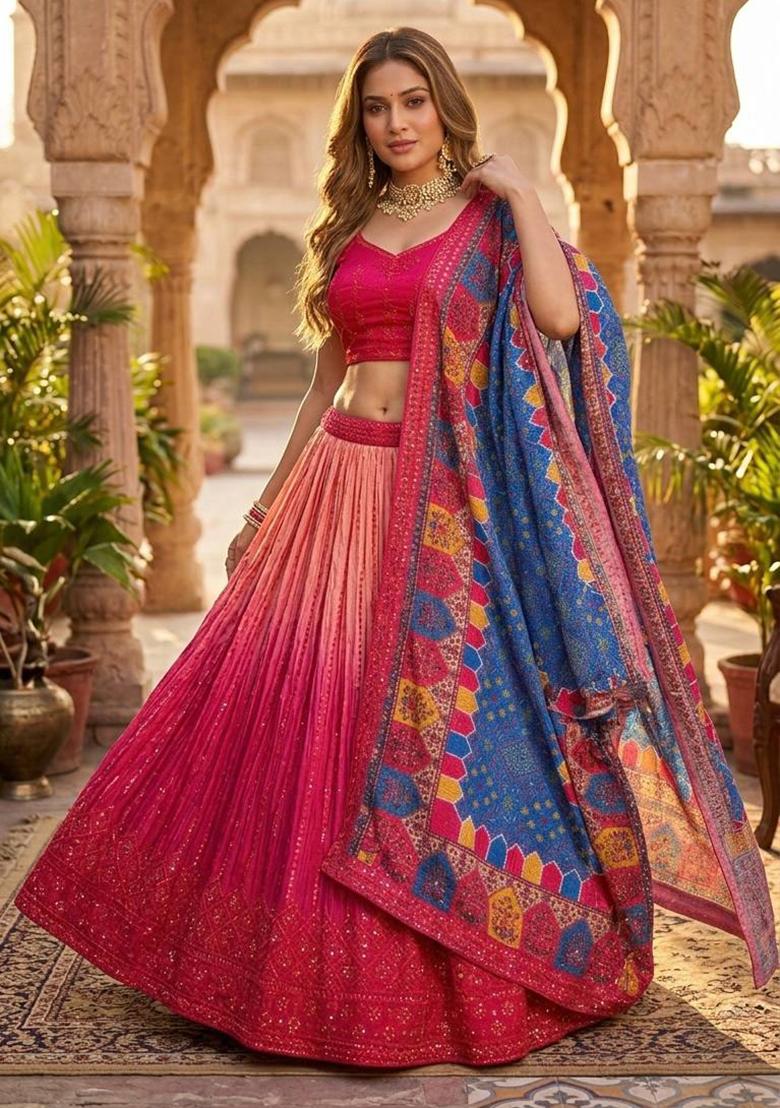 Pink Embroidered Silk Lehenga Set - Indya