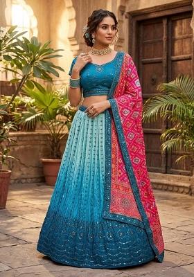 Sky Blue Embroidered Silk Lehenga Set